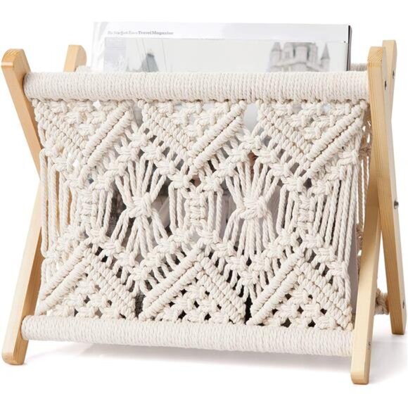 Macrame Magazine Rack Boho Storage Holder Standing Basket for Books, Newspapers - Picture 1 of 14